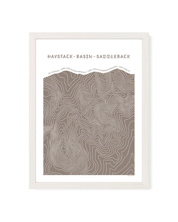 White framed topographic map art of Haystack, Basin and Saddleback peaks in brown line patterns on a white background