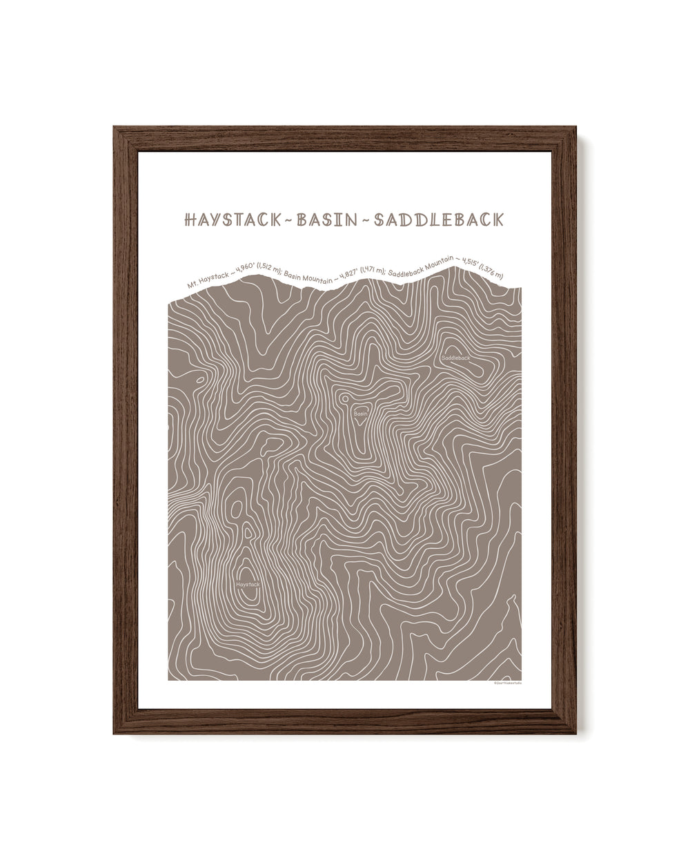 Walnut framed topographic map art of Haystack, Basin and Saddleback peaks in brown line patterns on a white background