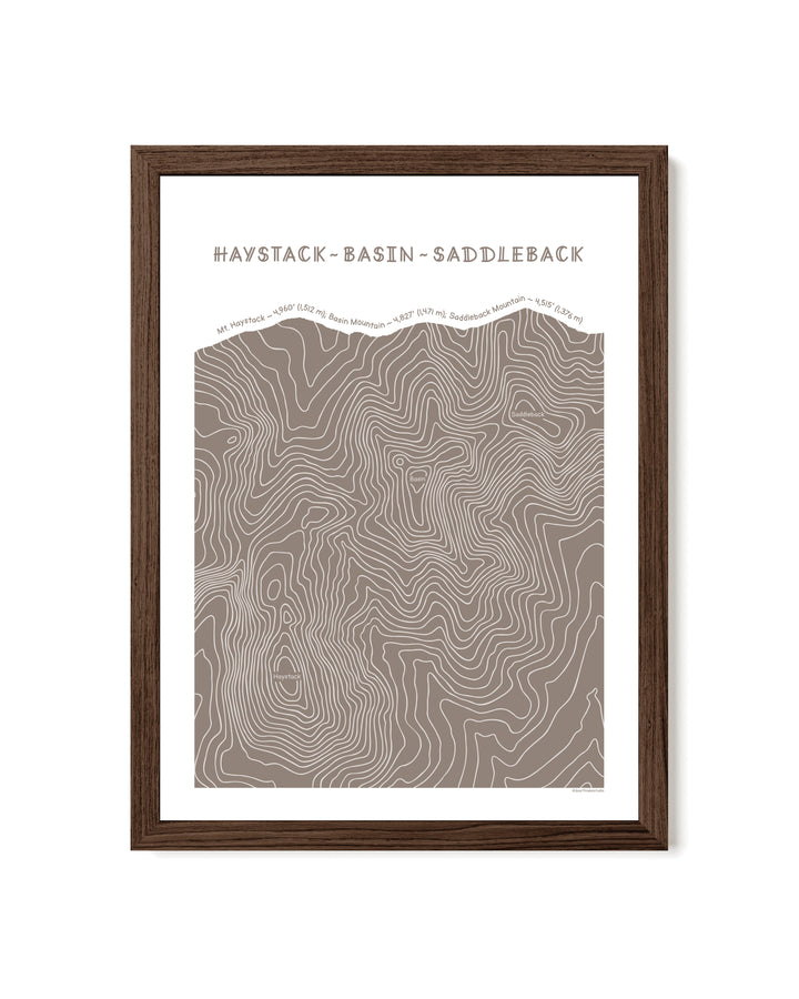 Walnut framed topographic map art of Haystack, Basin and Saddleback peaks in brown line patterns on a white background