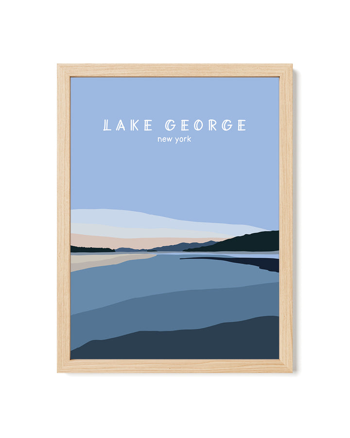 Framed simplified illustration of Lake George, New York with a blue sky and water at sunset.