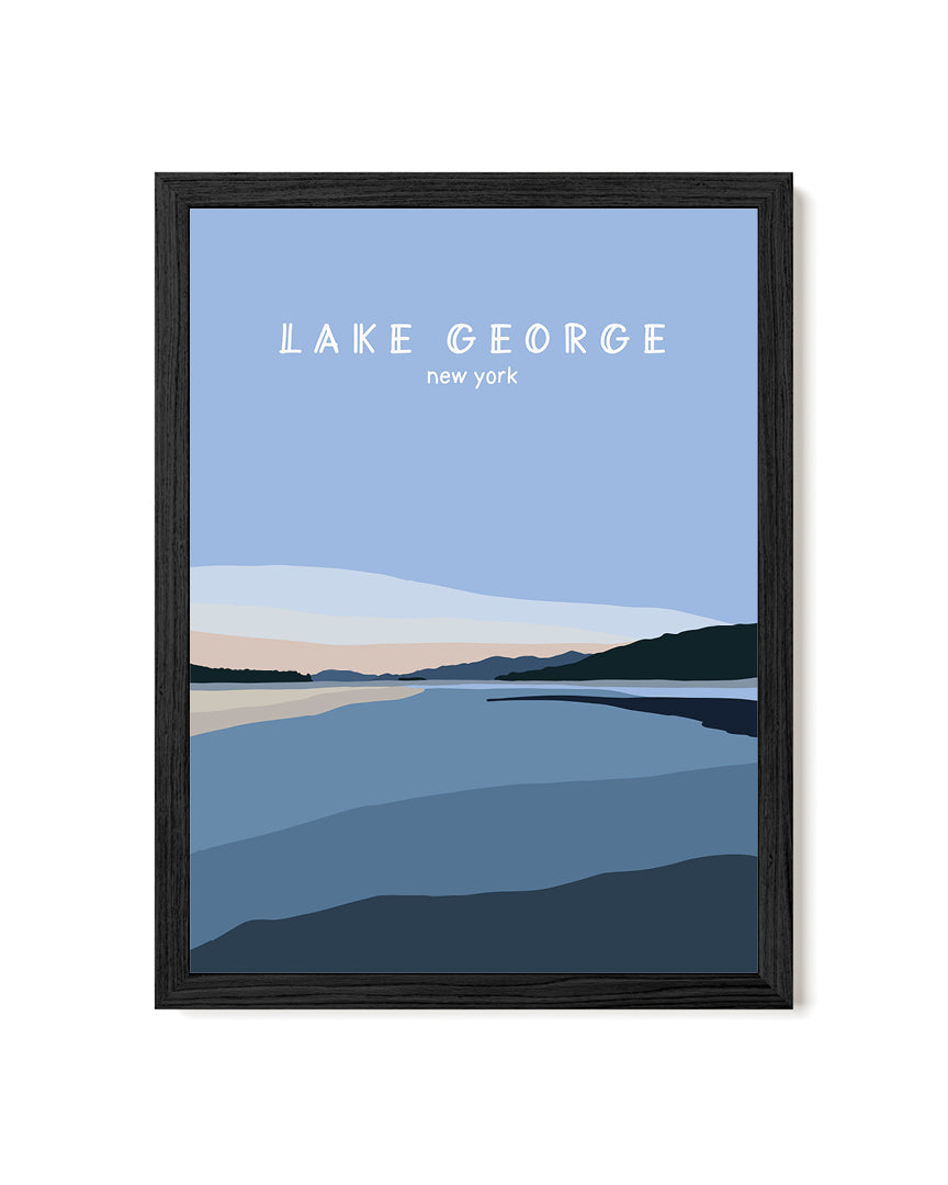Framed simplified illustration of Lake George, New York with a blue sky and water at sunset.