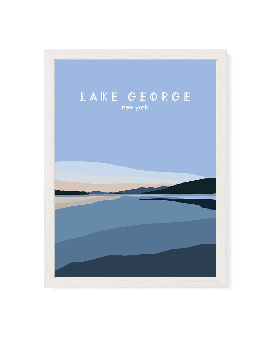 Framed simplified illustration of Lake George, New York with a blue sky and water at sunset.