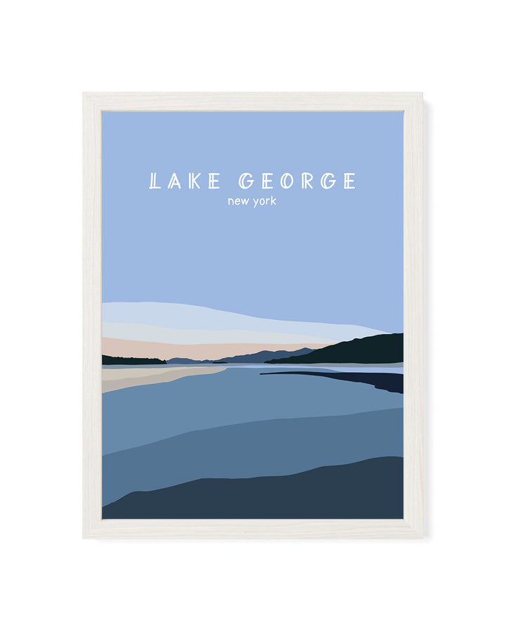Framed simplified illustration of Lake George, New York with a blue sky and water at sunset.