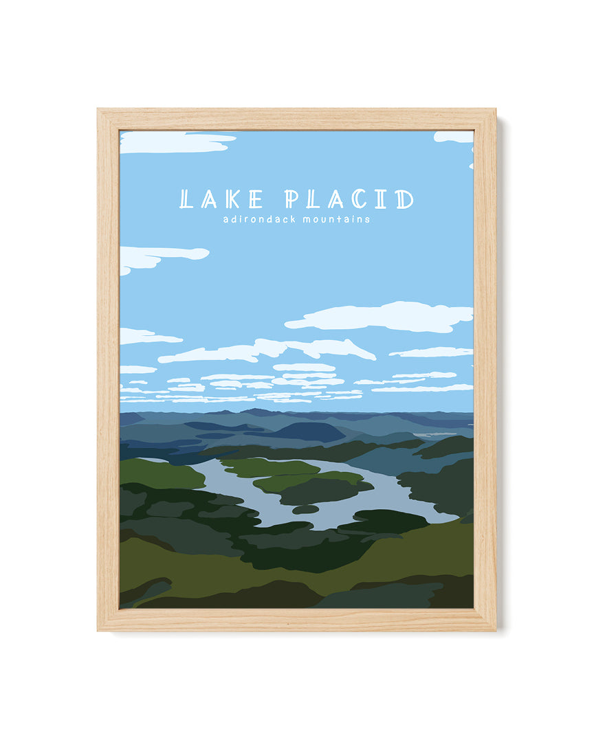 Framed artwork of Lake Placid with a mountain view and &