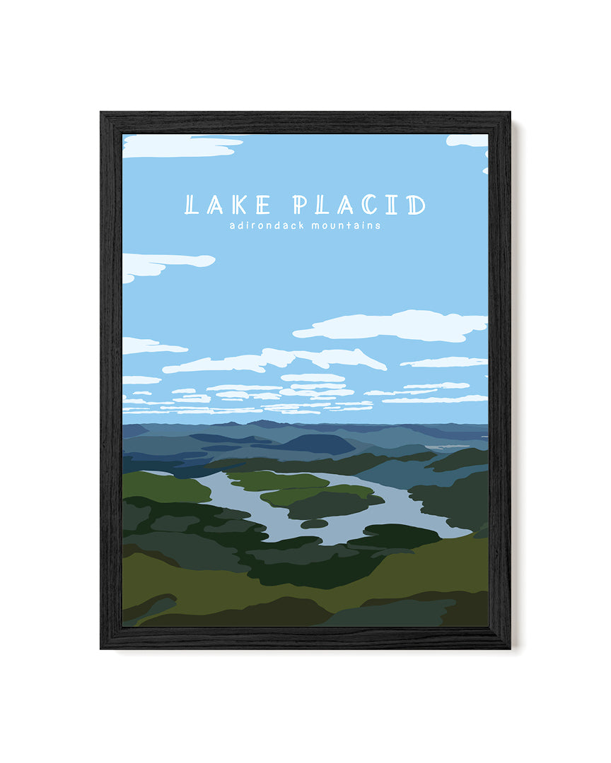 Framed artwork of Lake Placid with a mountain view and &