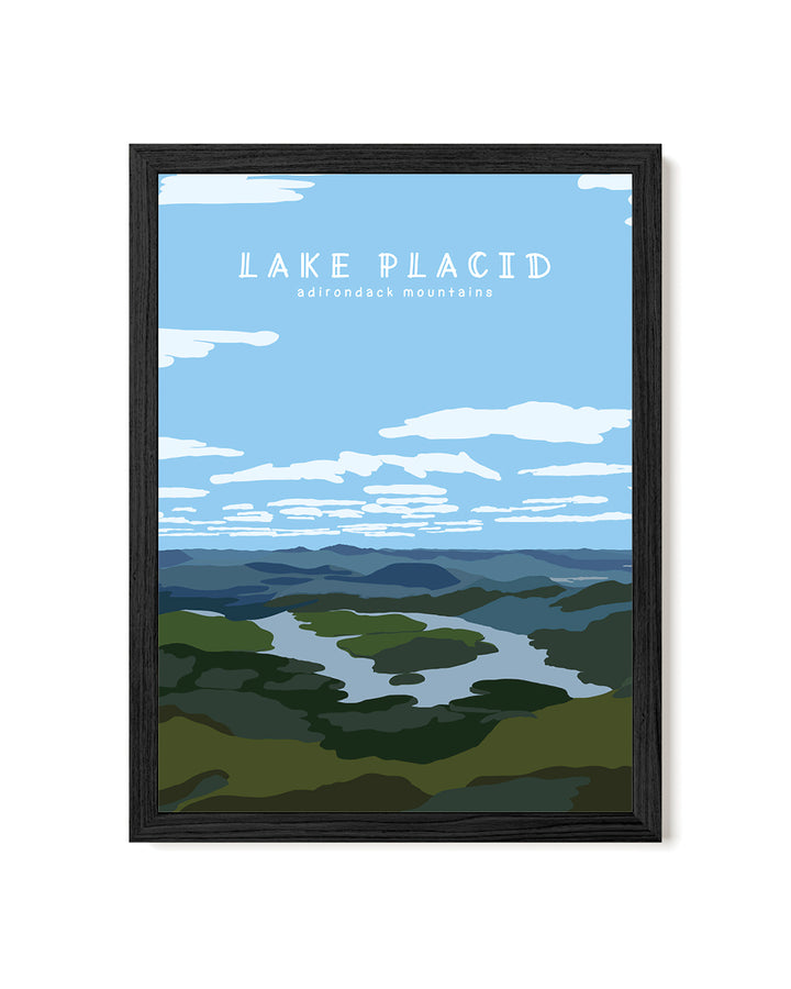 Framed artwork of Lake Placid with a mountain view and &