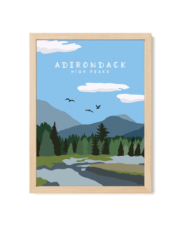 Framed artwork of the Adirondack High Peaks with mountains, trees, and a river.