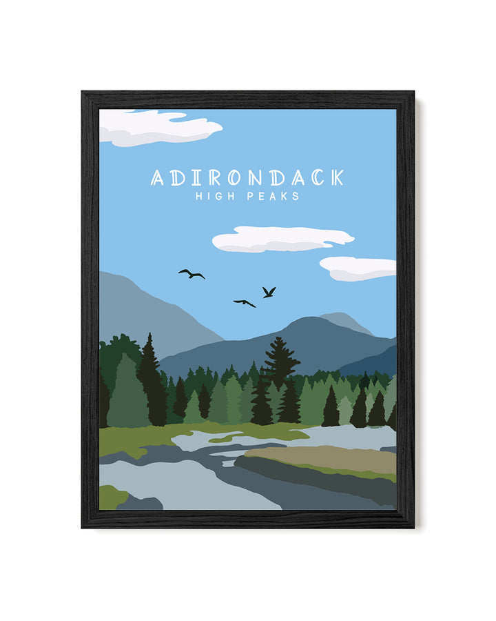 Framed artwork of the Adirondack High Peaks with mountains, trees, and a river.