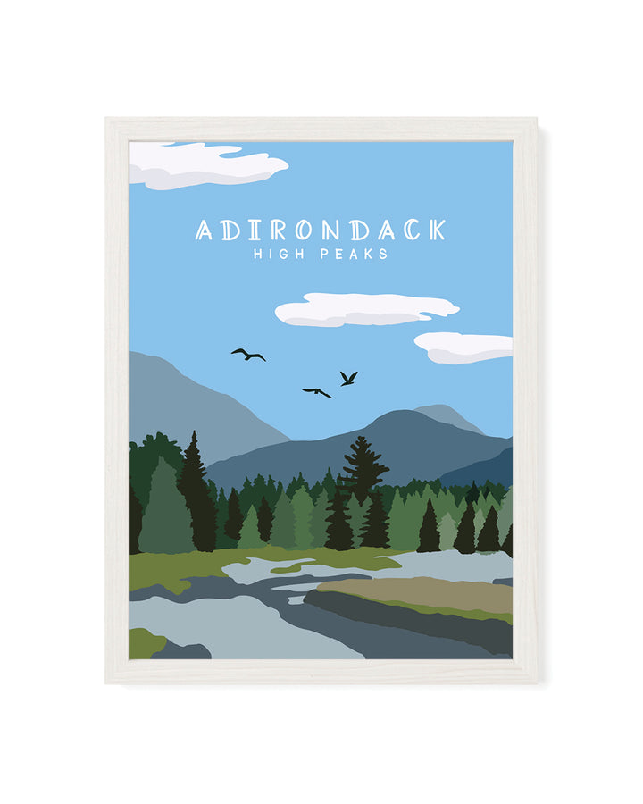 Framed artwork of the Adirondack High Peaks with mountains, trees, and a river.