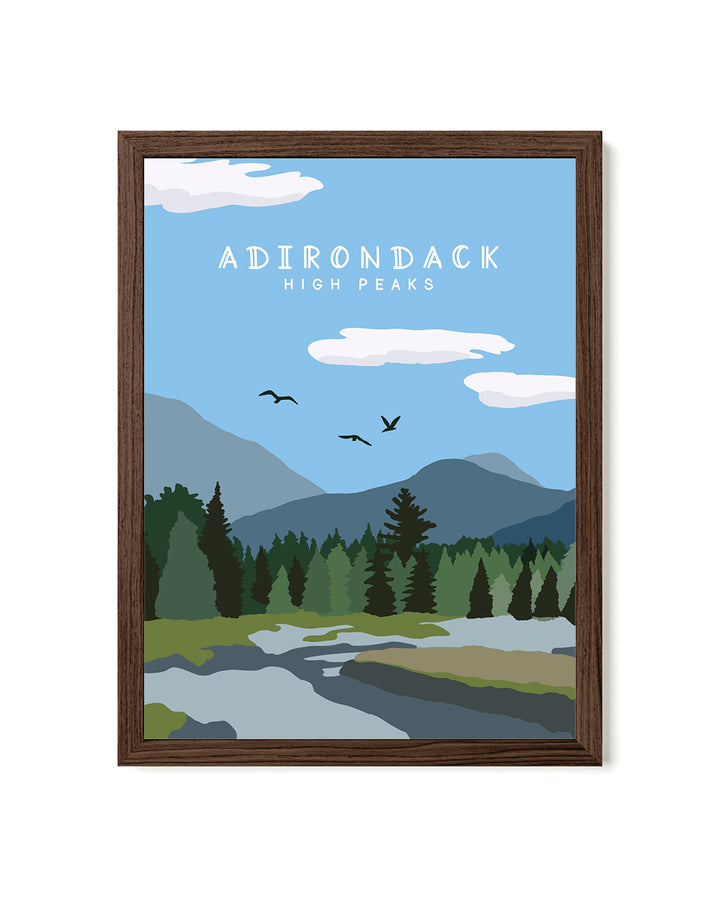 Framed artwork of the Adirondack High Peaks with mountains, trees, and a lake.