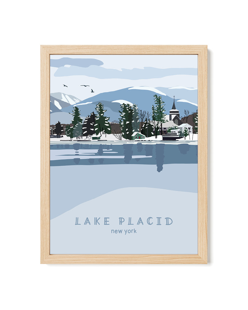 Framed artwork of a snowy landscape with trees and mountains, labeled &