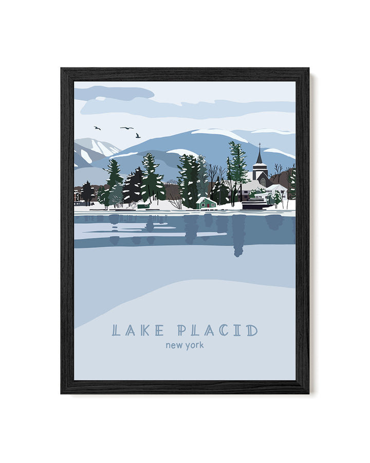 Framed artwork of Lake Placid, New York with mountains and trees.