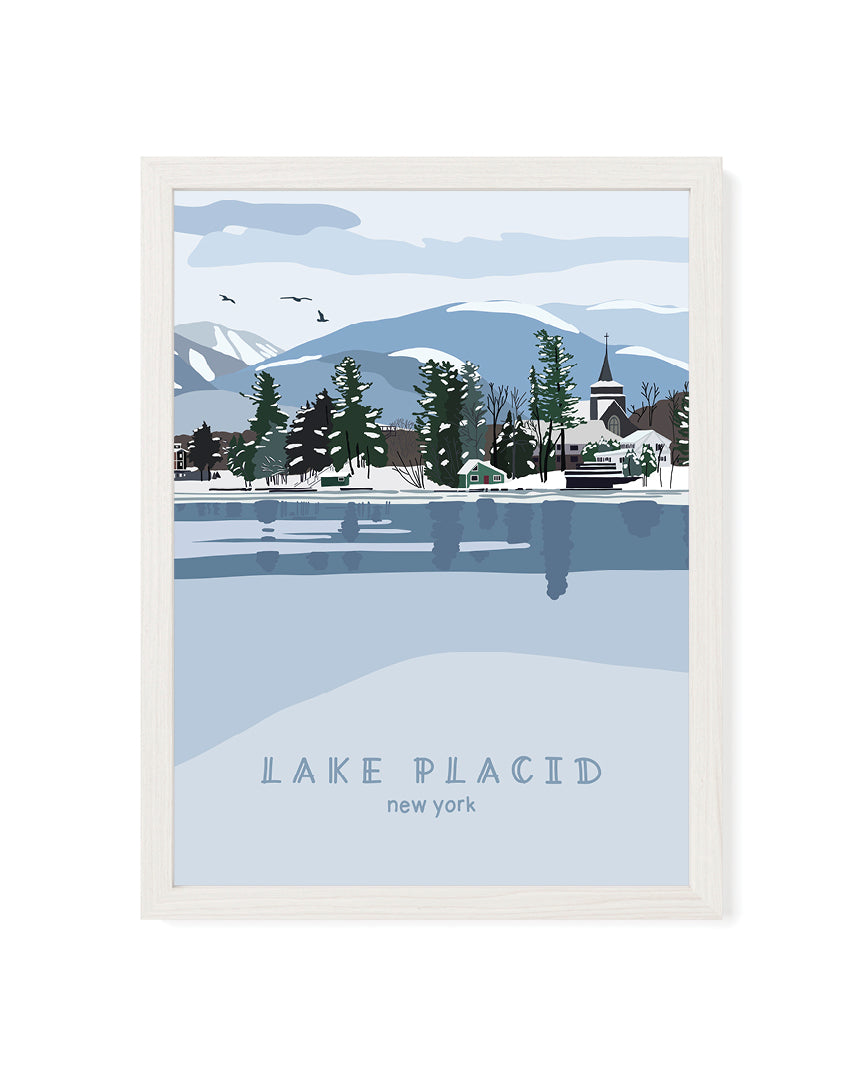 Framed artwork of a snowy landscape with trees and mountains, labeled 'Lake Placid, New York'.