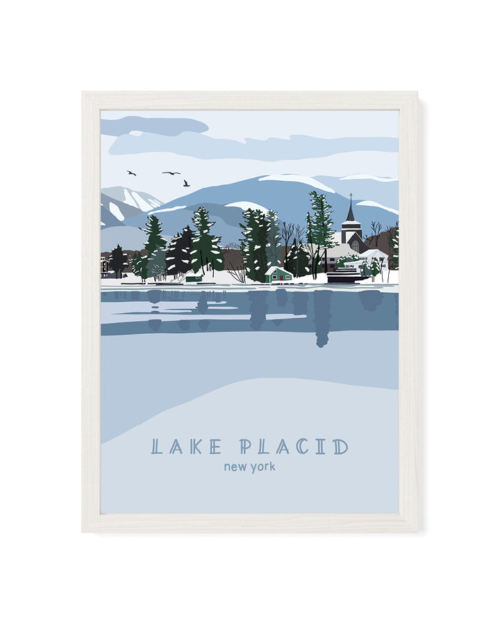 Framed artwork of a snowy landscape with trees and mountains, labeled &