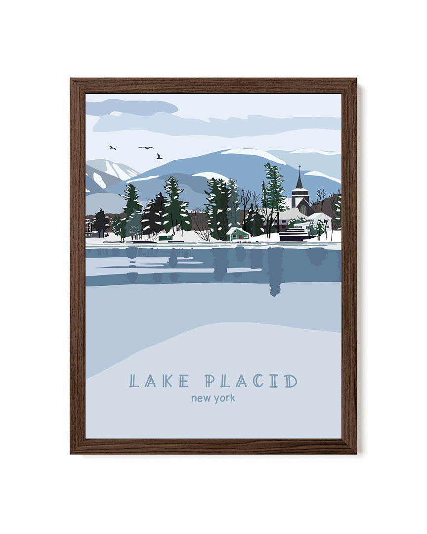 Framed artwork of a snowy landscape with trees and mountains, labeled &