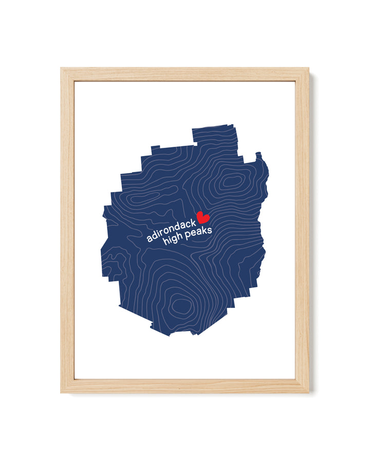 Framed simple graphic illustration of the Adirondack park outline filled with contour lines and the words Adirondack High Peaks.