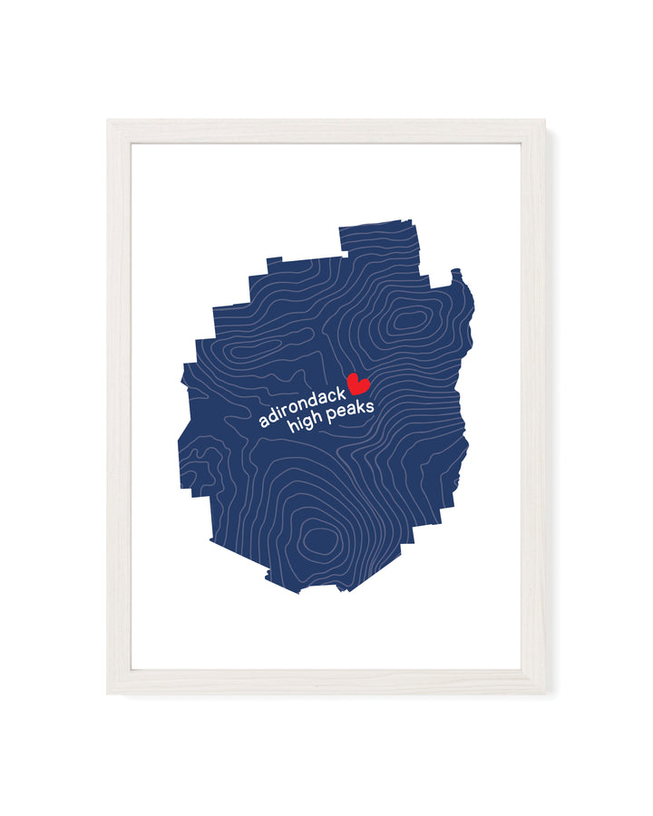 Framed simple graphic illustration of the Adirondack park outline filled with contour lines and the words Adirondack High Peaks.