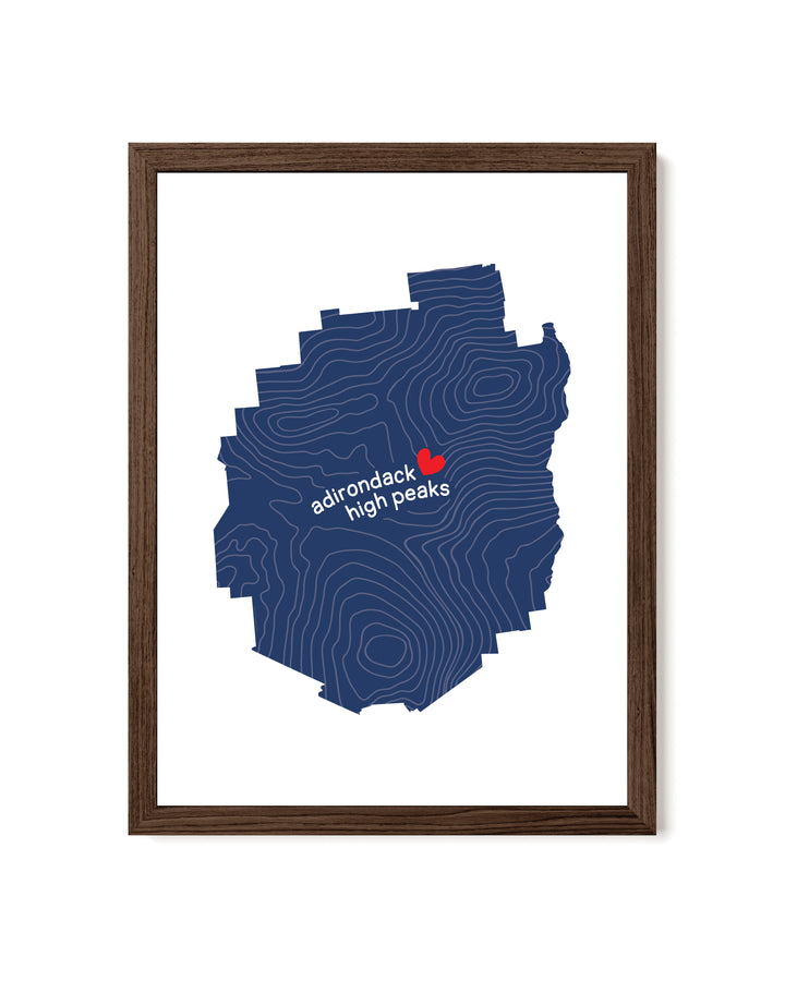 Framed simple graphic illustration of the Adirondack park outline filled with contour lines and the words Adirondack High Peaks.