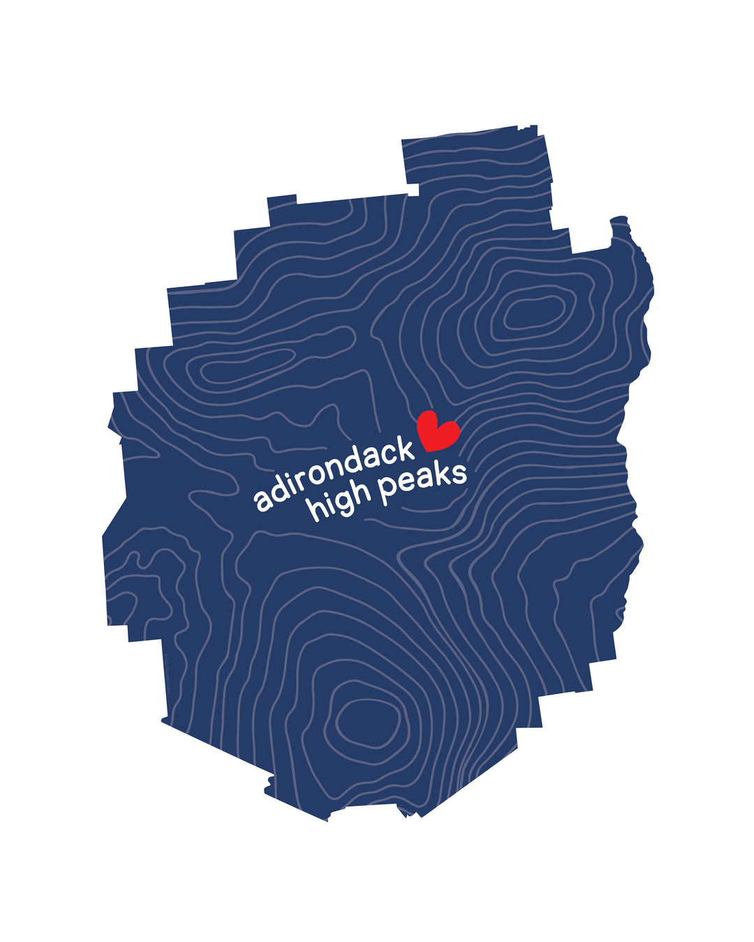 Simple graphic illustration of the Adirondack park outline filled with contour lines and the words Adirondack High Peaks.