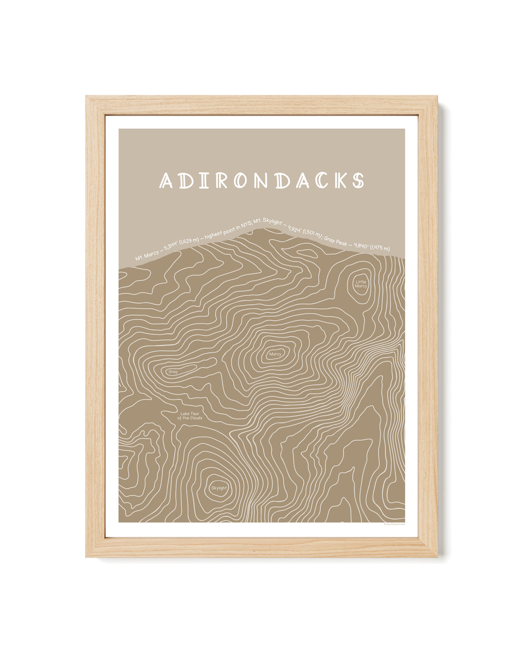 Framed topographic map print in tan of the Adirondacks with a brown frame on a white background
