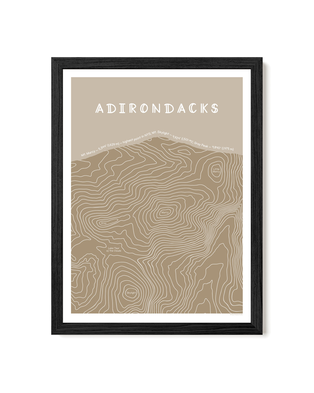 Framed topographic map print in tan of the Adirondacks with a brown frame on a white background