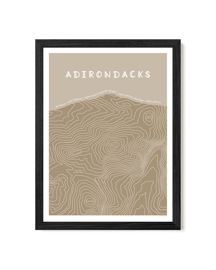 Framed topographic map print in tan of the Adirondacks with a brown frame on a white background