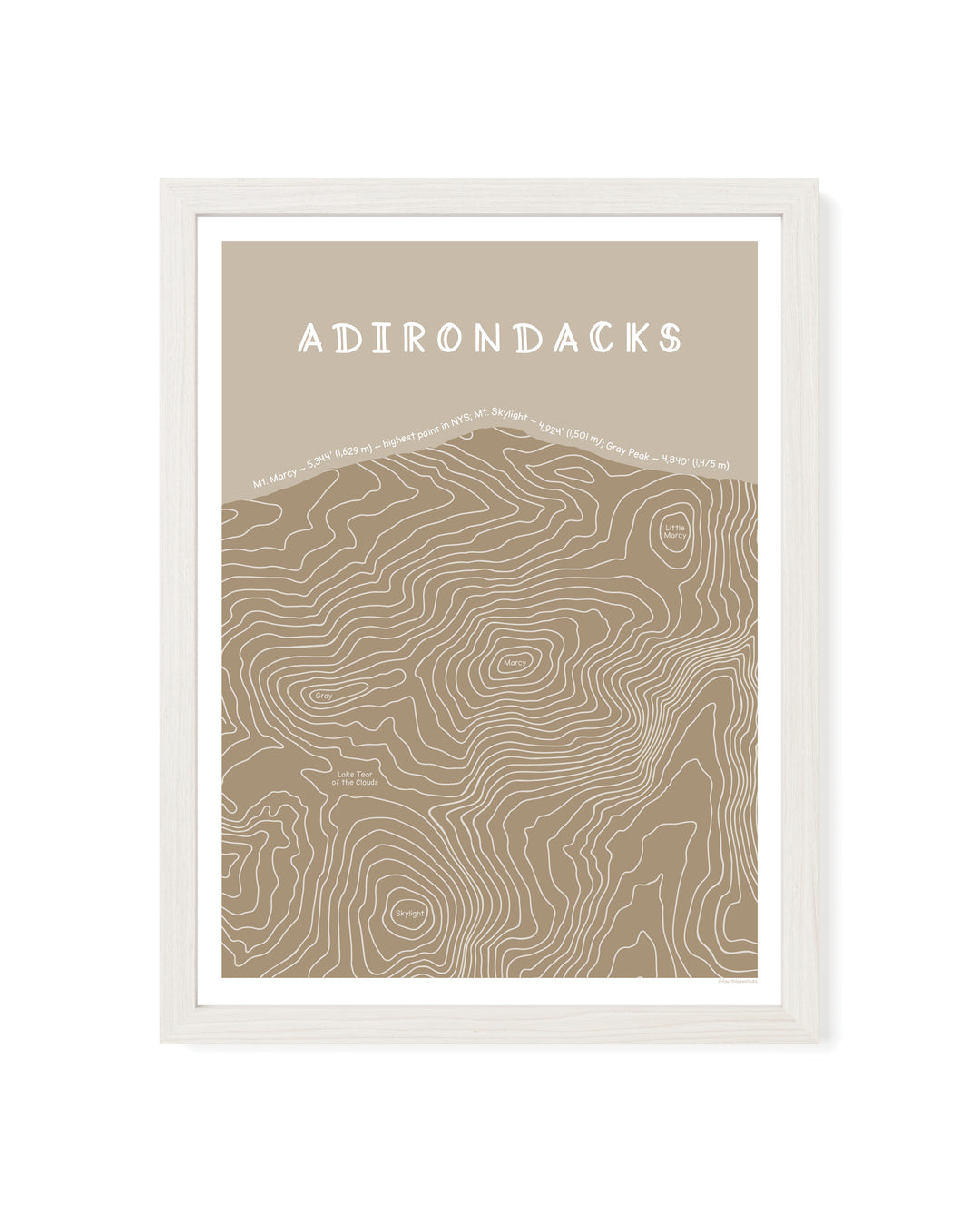 Framed topographic map print in tan of the Adirondacks with a brown frame on a white background