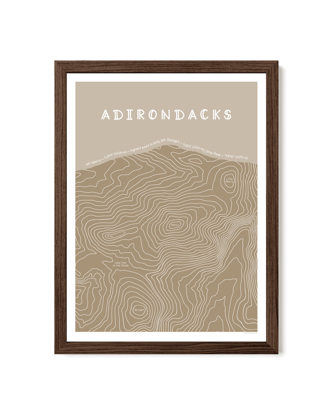 Framed topographic map print in tan of the Adirondacks with a brown frame on a white background
