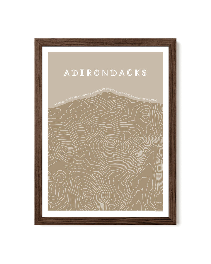 Framed topographic map print in tan of the Adirondacks with a brown frame on a white background