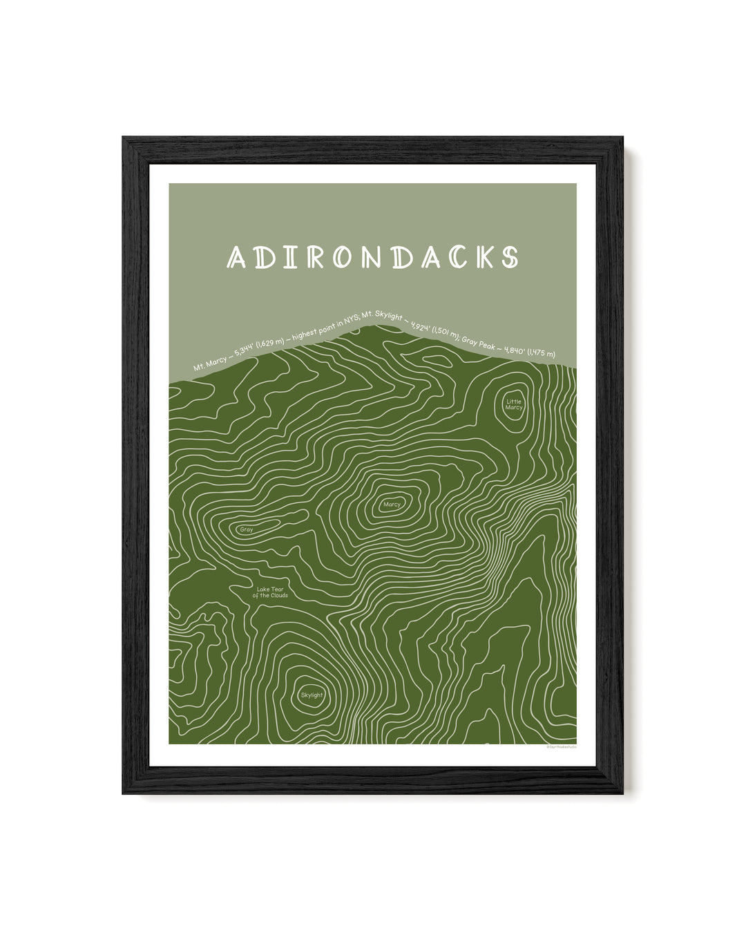 Framed topographic map of the Adirondacks with a black frame on a white background