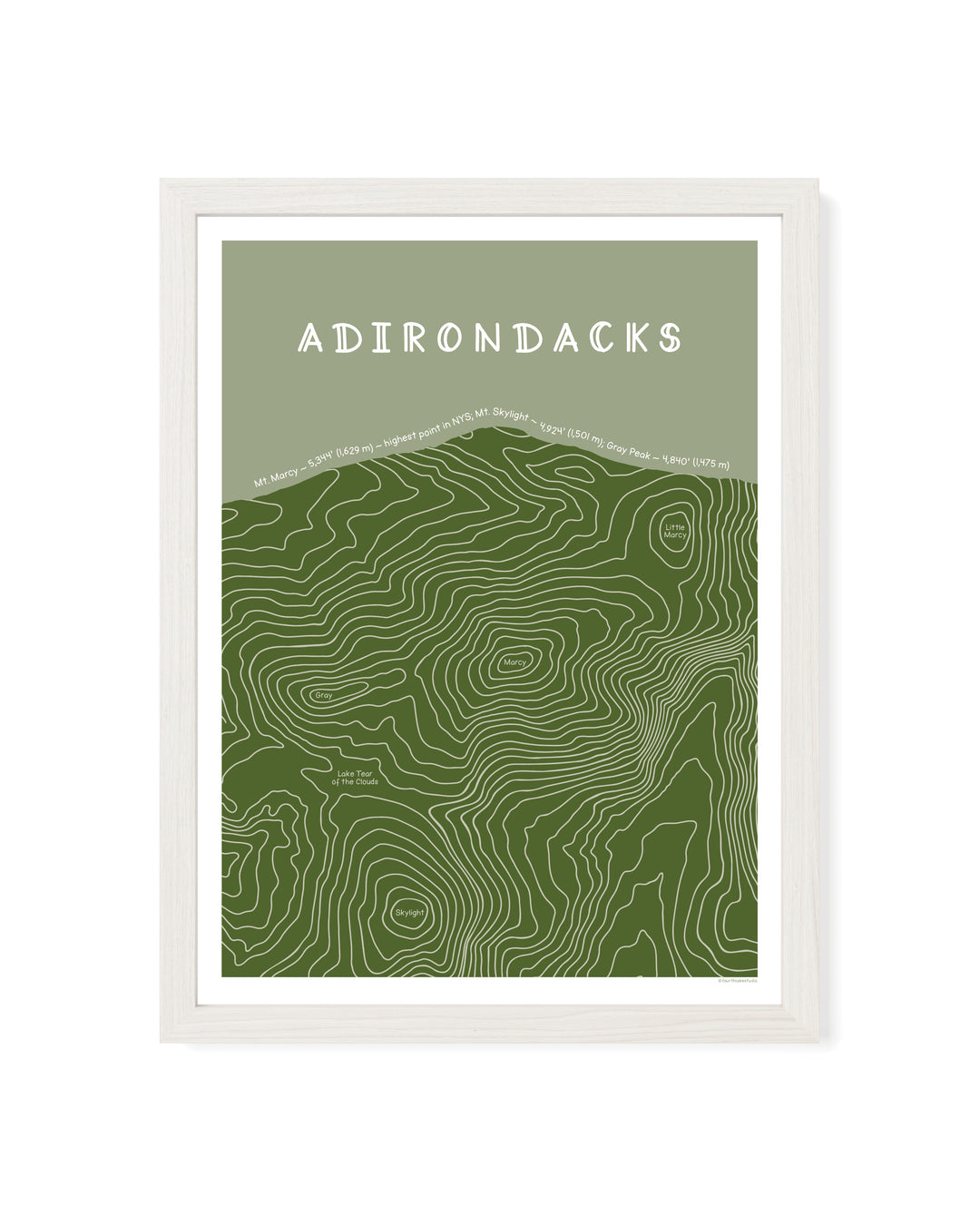 Topographic map of the Adirondacks with a white frame on a green background