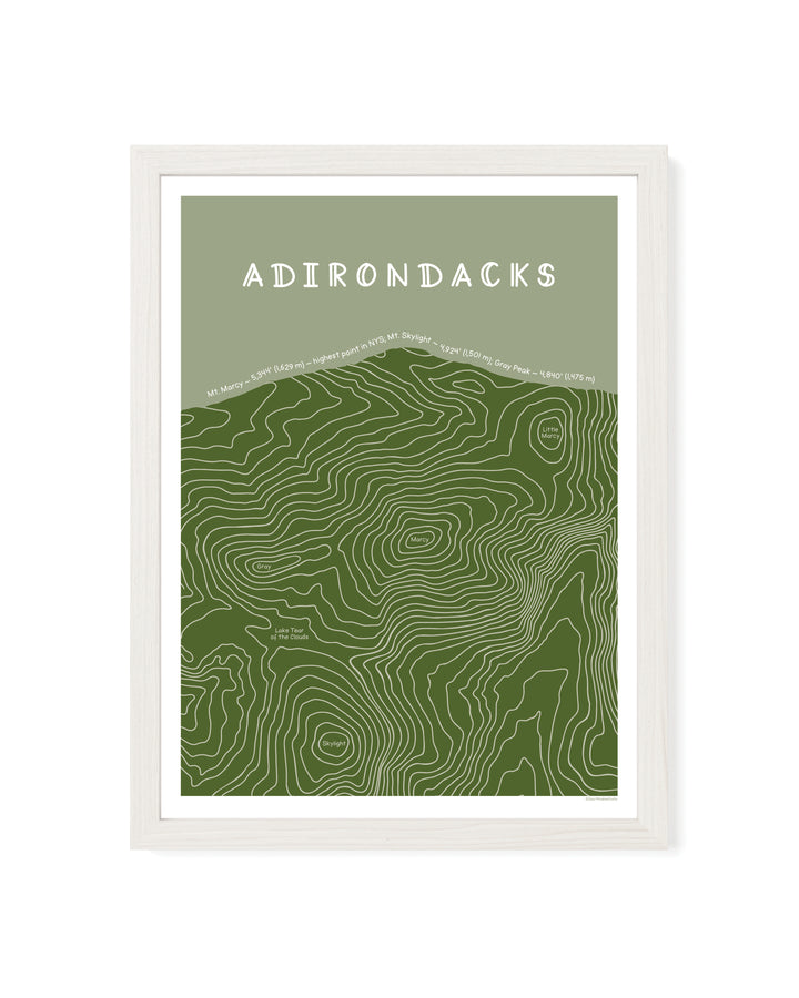 Topographic map of the Adirondacks with a white frame on a green background