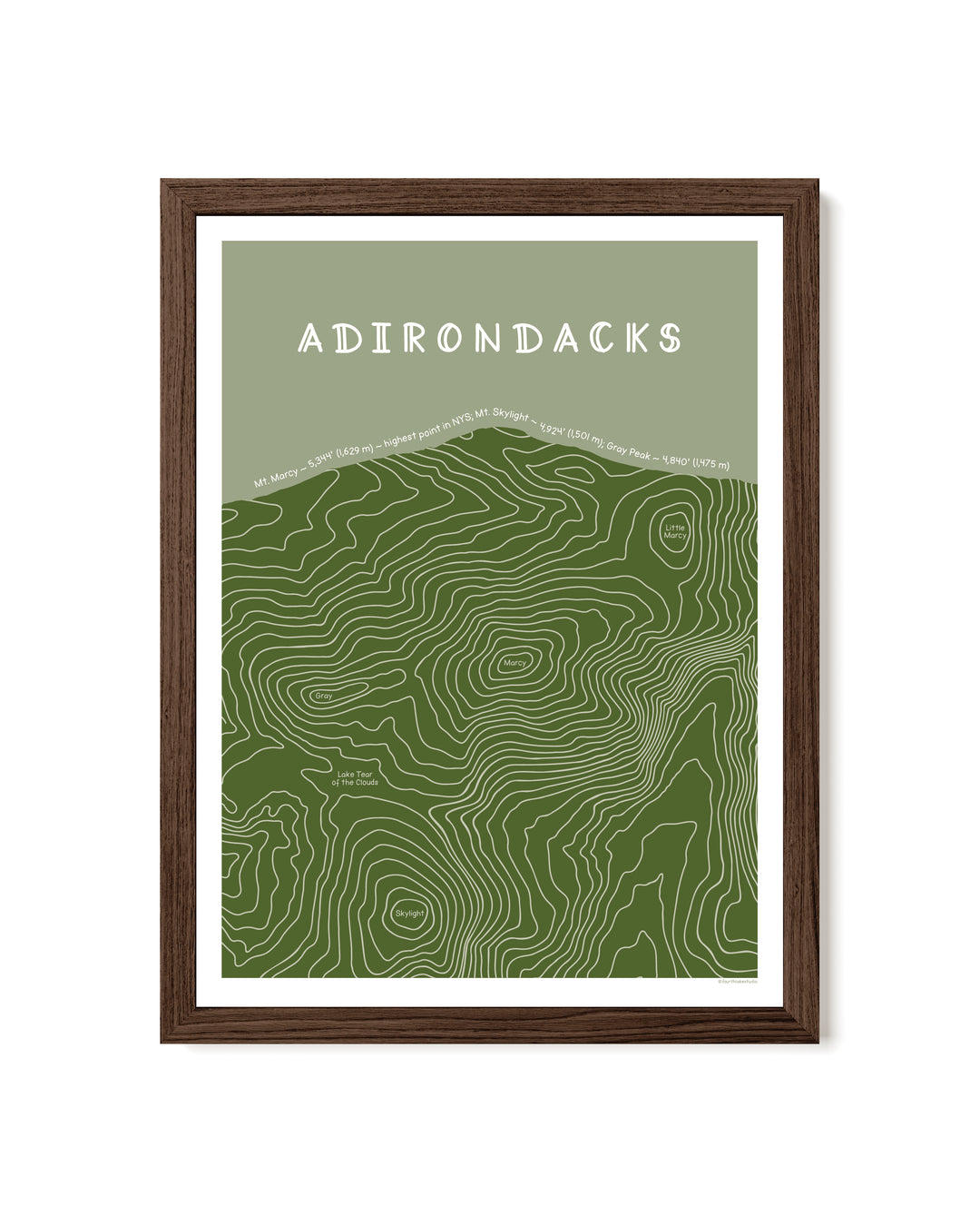 Framed topographic map of the Adirondacks with a green and white color scheme.