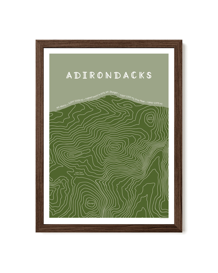 Framed topographic map of the Adirondacks with a green and white color scheme.