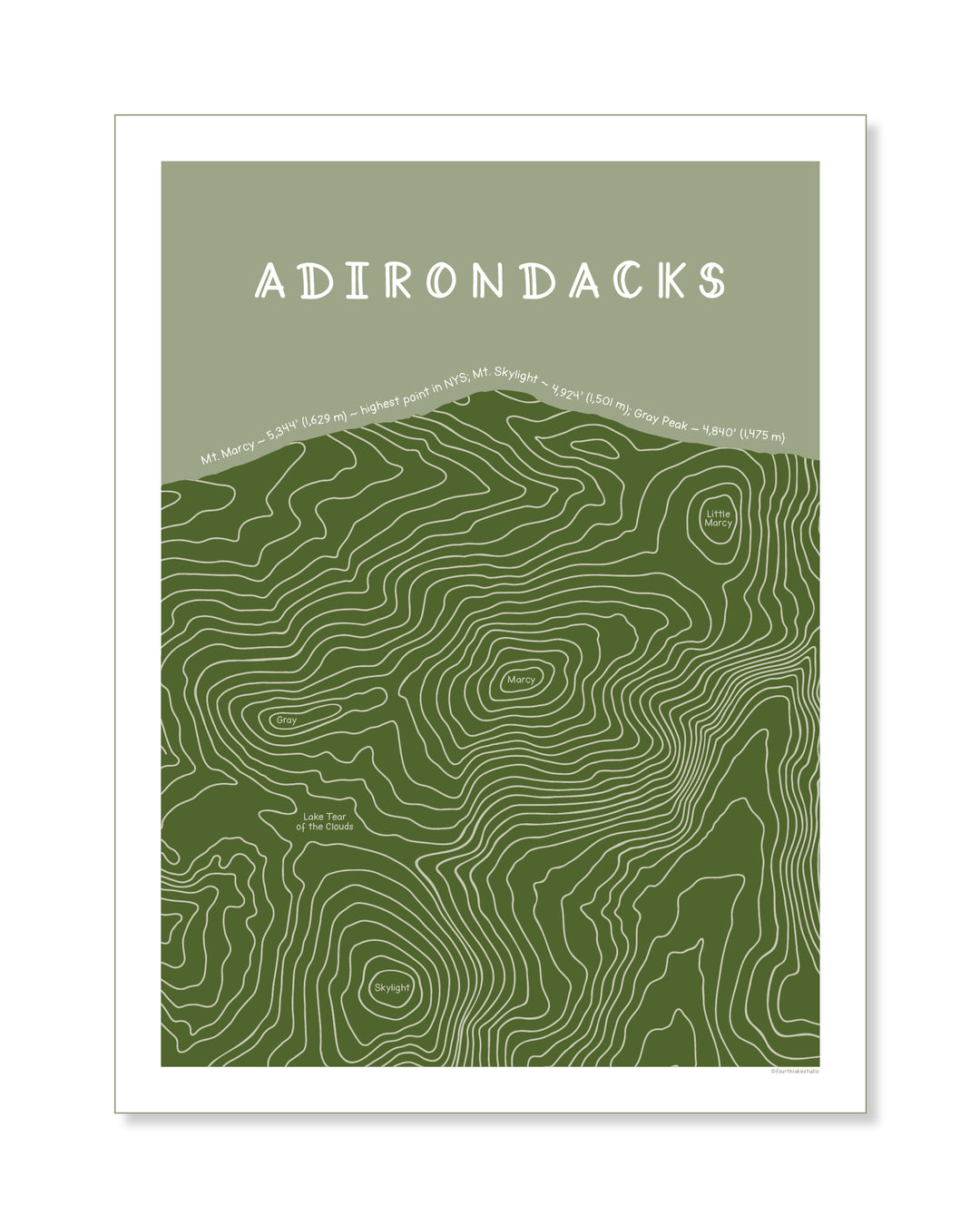 Topographic map of the Adirondacks with green and white colors on a white background