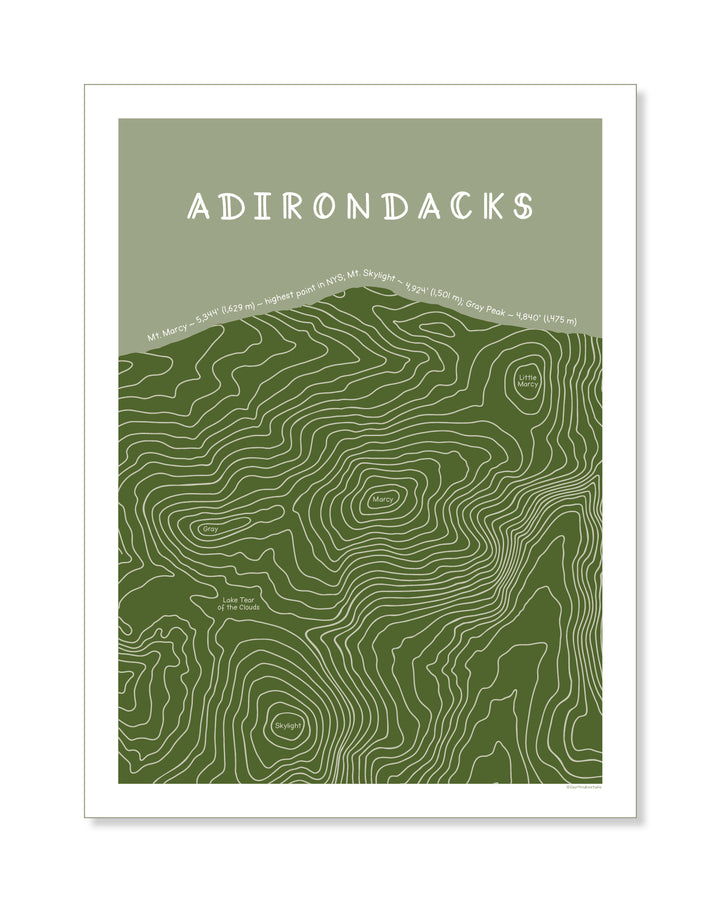 Topographic map of the Adirondacks with green and white colors on a white background