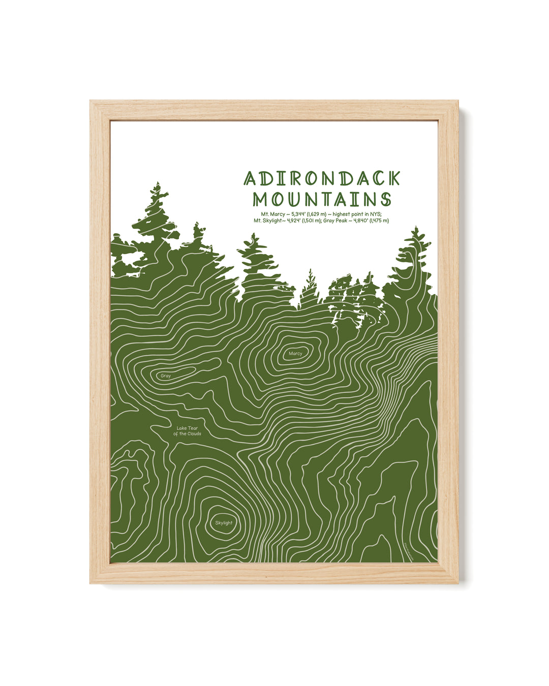 This framed Adirondack art print traces the contour lines of Mount Marcy, Mount Skylight, and Gray Peak. The design follows the profile of Mount Marcy—the tallest peak in New York State—with each peak’s elevation integrated into the contour as a subtle text detail.
