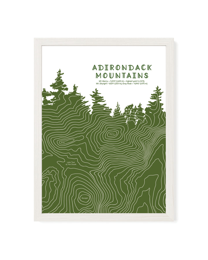 This framed Adirondack art print traces the contour lines of Mount Marcy, Mount Skylight, and Gray Peak. The design follows the profile of Mount Marcy—the tallest peak in New York State—with each peak’s elevation integrated into the contour as a subtle text detail.