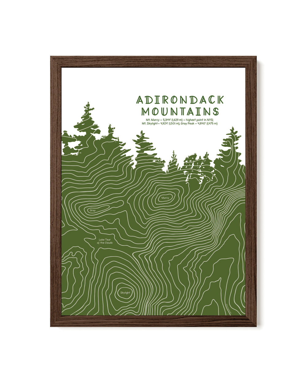 This framed Adirondack art print traces the contour lines of Mount Marcy, Mount Skylight, and Gray Peak. The design follows the profile of Mount Marcy—the tallest peak in New York State—with each peak’s elevation integrated into the contour as a subtle text detail.