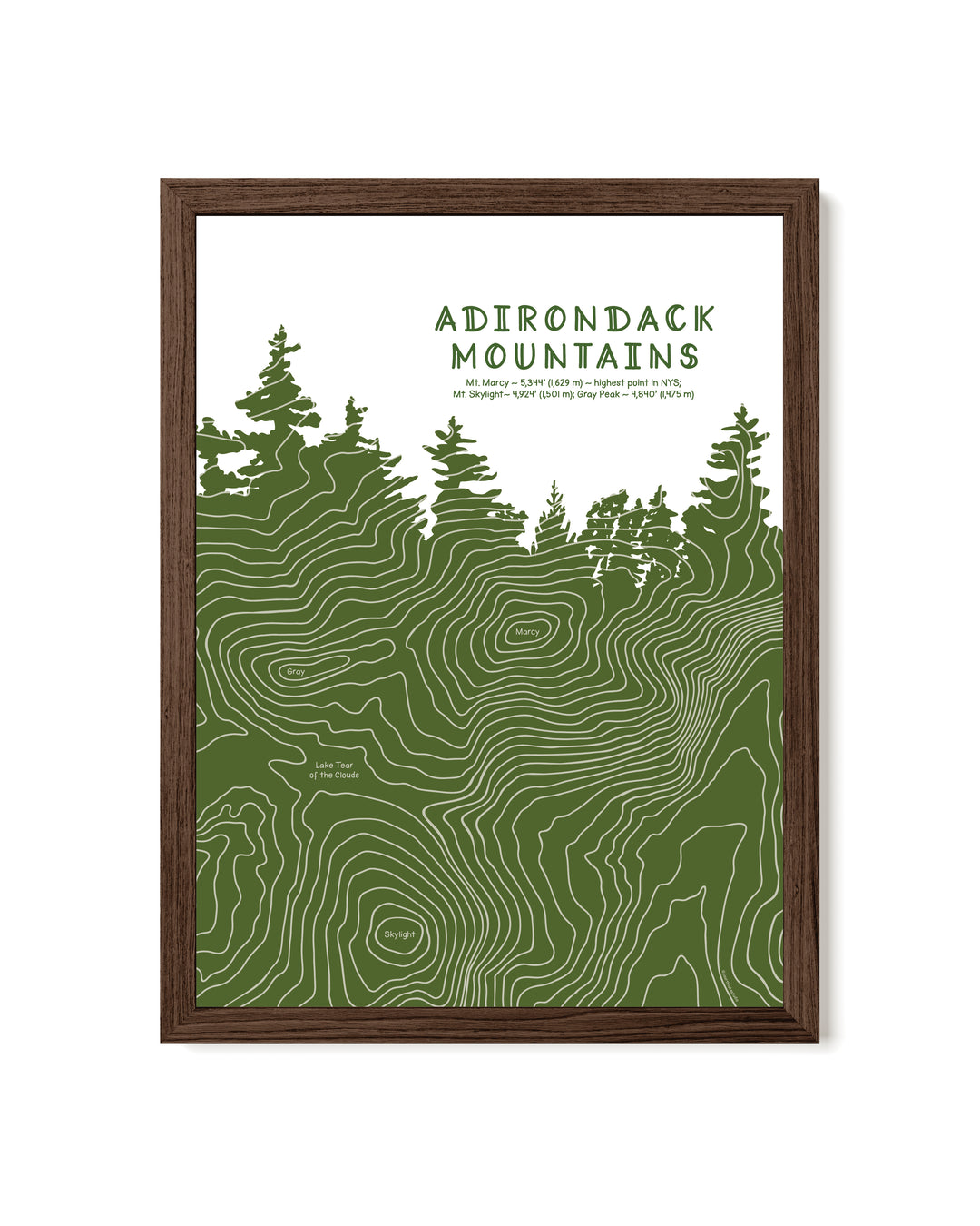 This framed Adirondack art print traces the contour lines of Mount Marcy, Mount Skylight, and Gray Peak. The design follows the profile of Mount Marcy—the tallest peak in New York State—with each peak’s elevation integrated into the contour as a subtle text detail.
