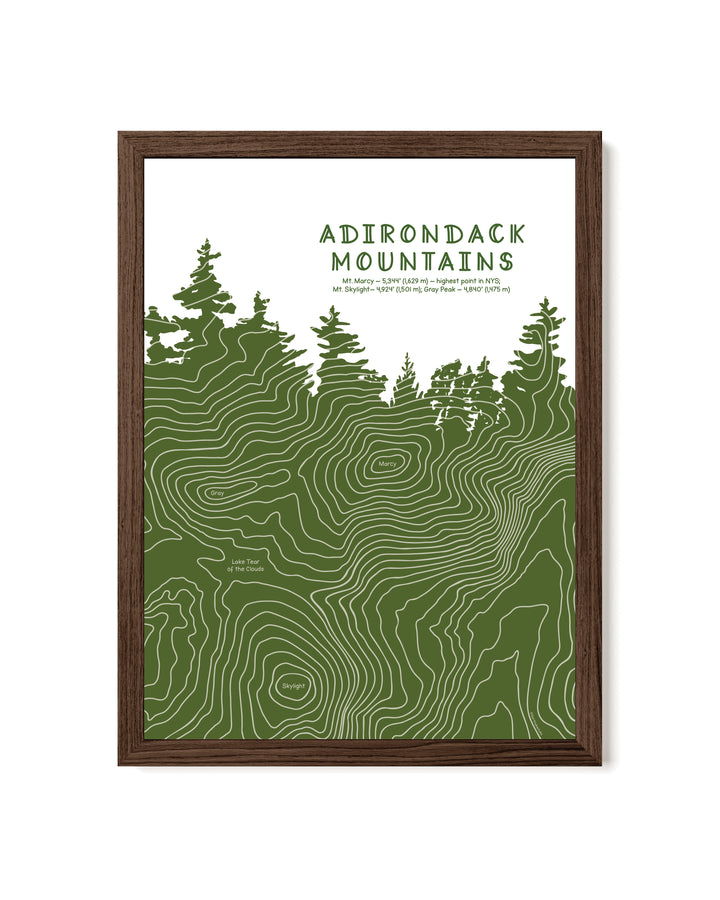 This framed Adirondack art print traces the contour lines of Mount Marcy, Mount Skylight, and Gray Peak. The design follows the profile of Mount Marcy—the tallest peak in New York State—with each peak’s elevation integrated into the contour as a subtle text detail.