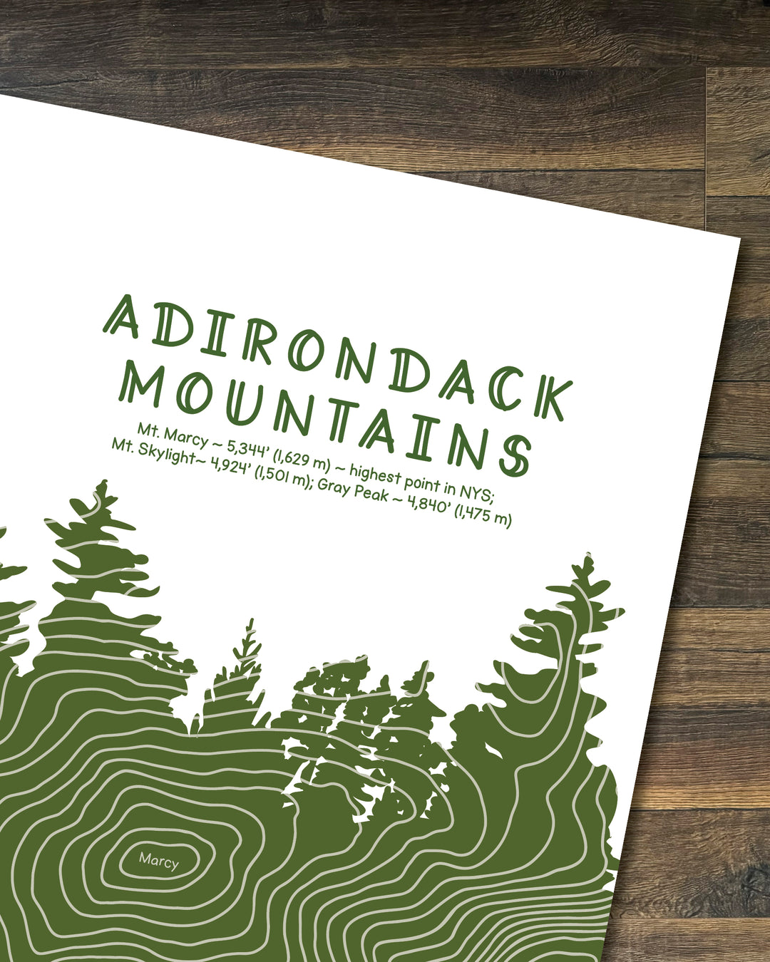This cropped version of an Adirondack art print traces the contour lines of Mount Marcy, Mount Skylight, and Gray Peak. The design follows the profile of Mount Marcy—the tallest peak in New York State—with each peak’s elevation integrated into the contour as a subtle text detail.