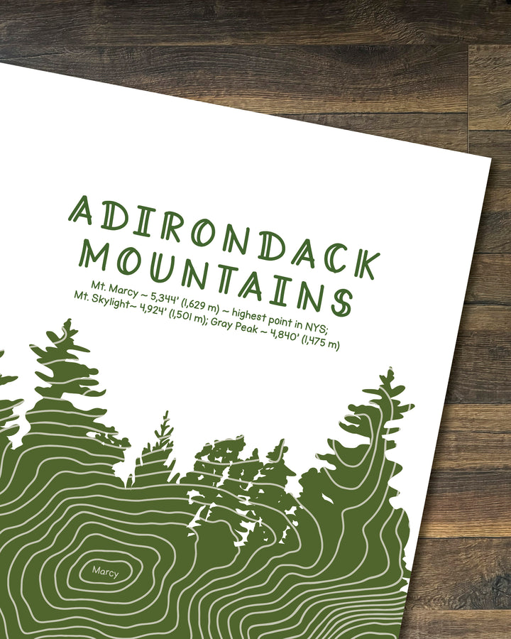 This cropped version of an Adirondack art print traces the contour lines of Mount Marcy, Mount Skylight, and Gray Peak. The design follows the profile of Mount Marcy—the tallest peak in New York State—with each peak’s elevation integrated into the contour as a subtle text detail.