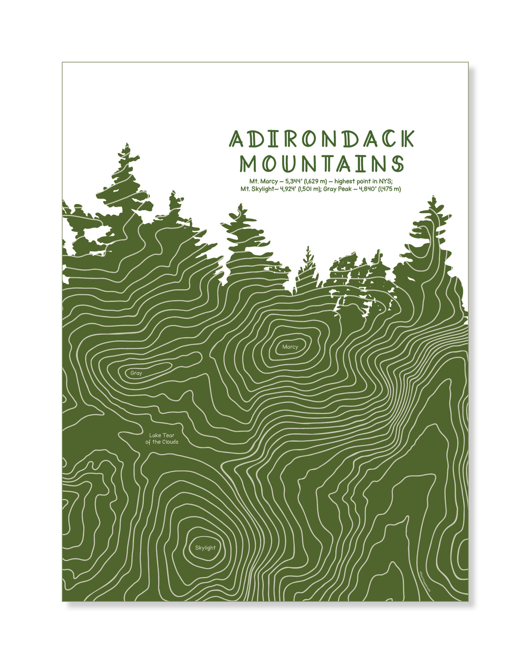 This Adirondack art print traces the contour lines of Mount Marcy, Mount Skylight, and Gray Peak. The design follows the profile of Mount Marcy—the tallest peak in New York State—with each peak’s elevation integrated into the contour as a subtle text detail.