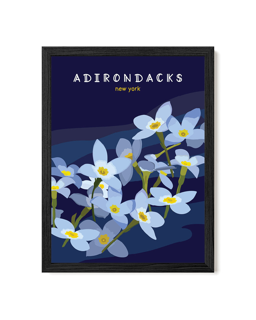 Framed artwork of blue flowers with &
