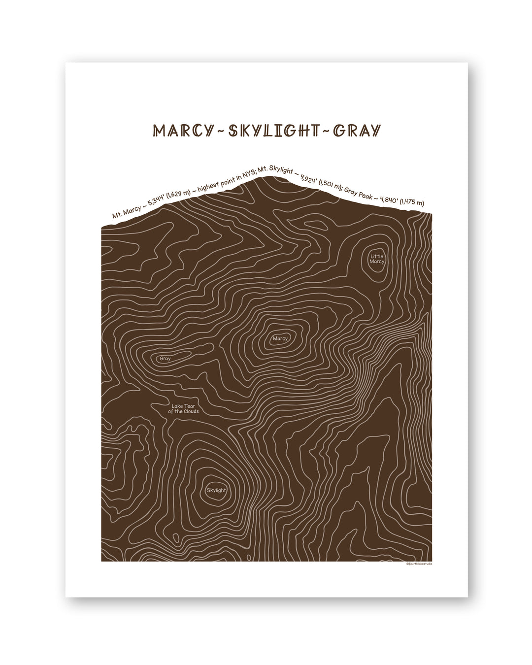 Topographic map art of Mount Marcy, Skylight and Gray in brown line patterns on a white background