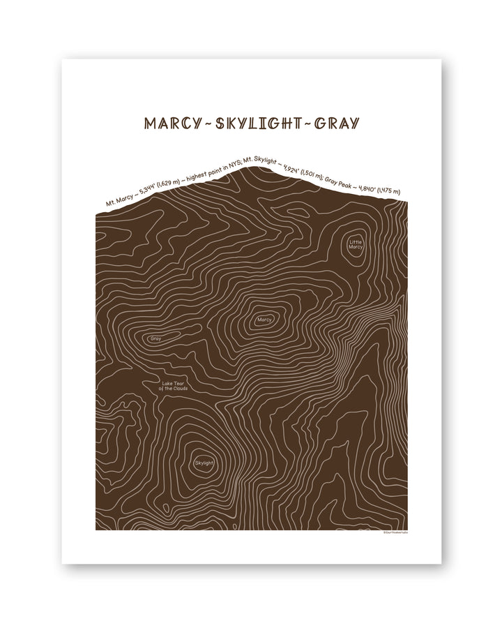 Topographic map art of Mount Marcy, Skylight and Gray in brown line patterns on a white background