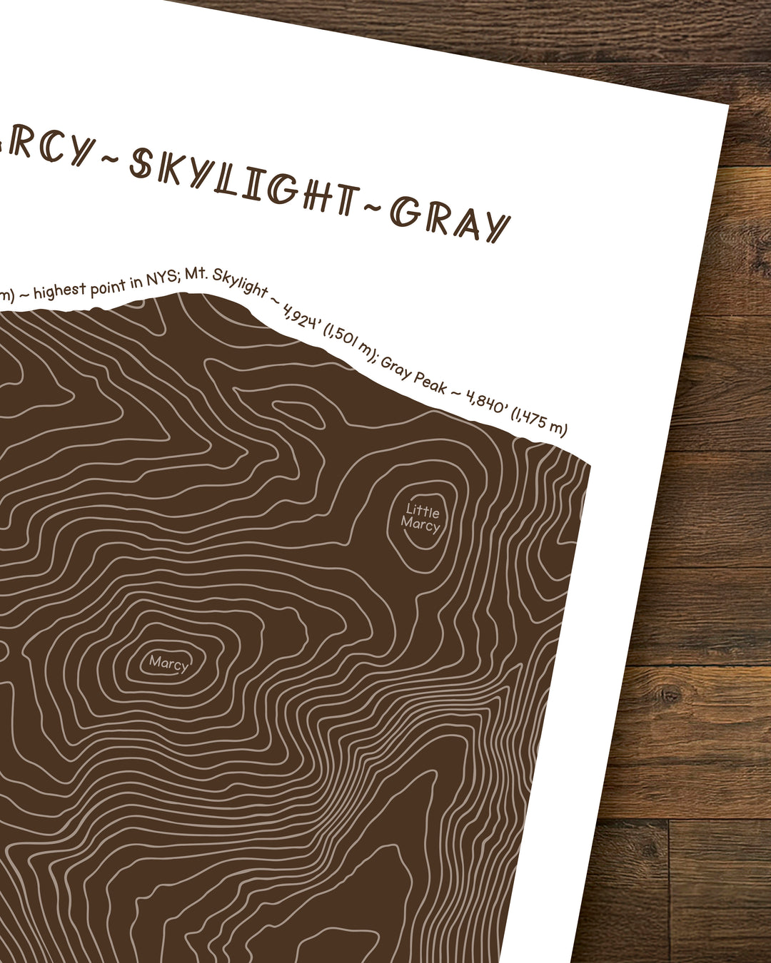 Cropped topographic map art of Mount Marcy, Skylight and Gray in brown line patterns on a white background sitting on brown wood floor