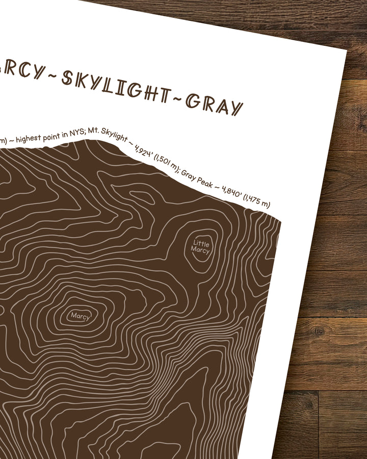 Cropped topographic map art of Mount Marcy, Skylight and Gray in brown line patterns on a white background sitting on brown wood floor