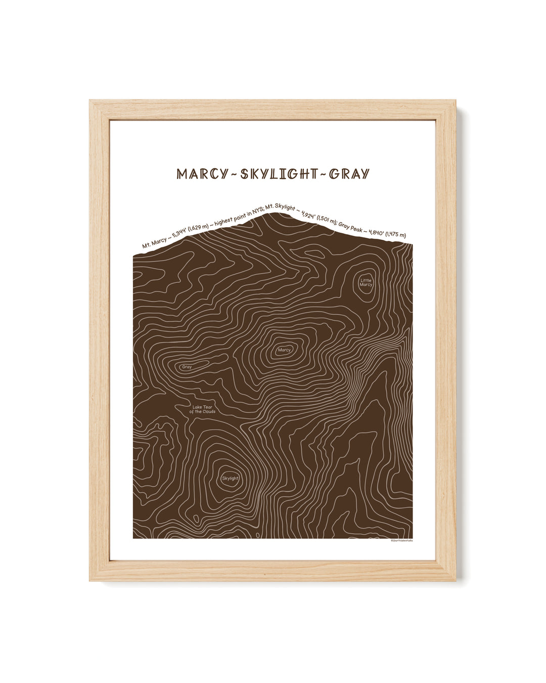 Natural framed topographic map art of Mount Marcy, Skylight and Gray in brown line patterns on a white background
